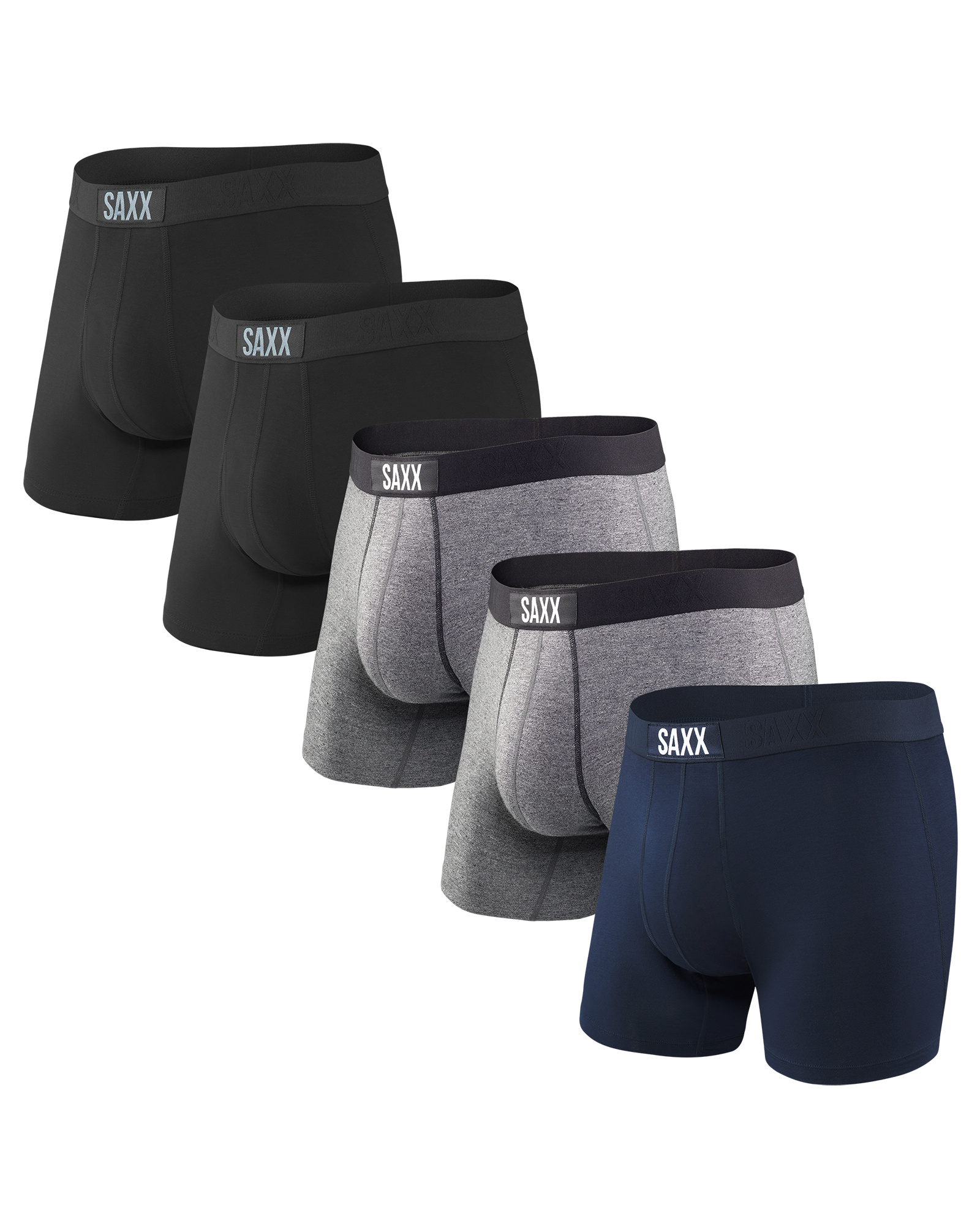 Front - Model wearing Vibe Boxer Brief 5Pack in Black/Grey Htr/Navy