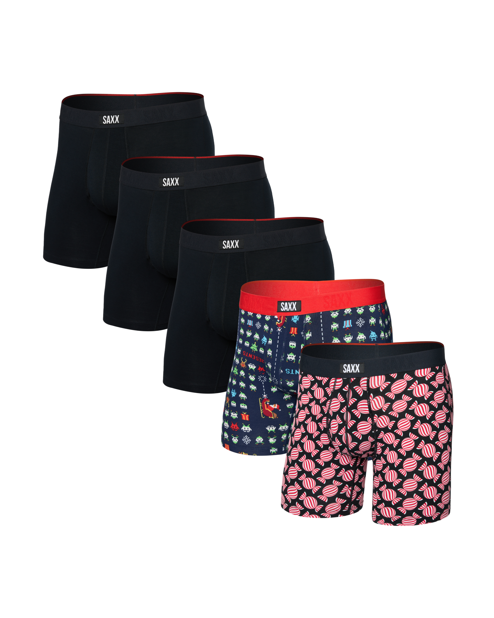 Front of Vibe Xtra Soft Comfort Boxer Brief Fly 5 Pack in Sweet/Sleigh Invaders/Black