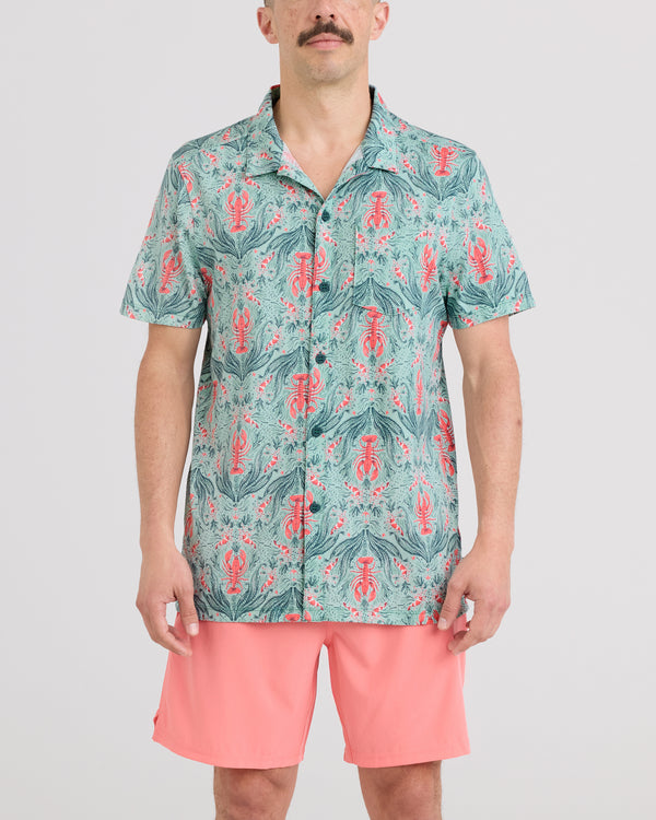 Front - Model wearing Droptemp Dry Resort Polo in Lobster Flourish-Mint