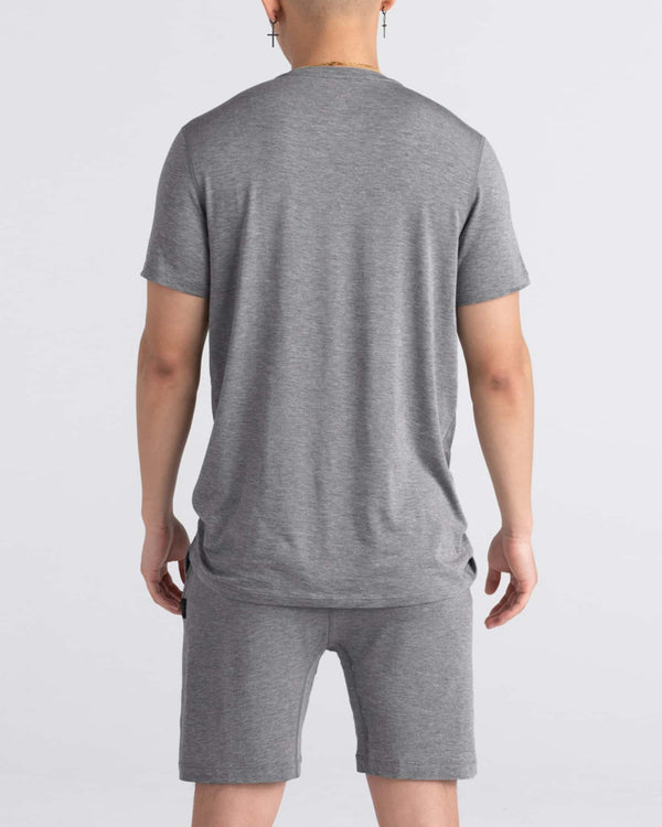 Back - Model wearing Snooze Short in Dark Grey Heather