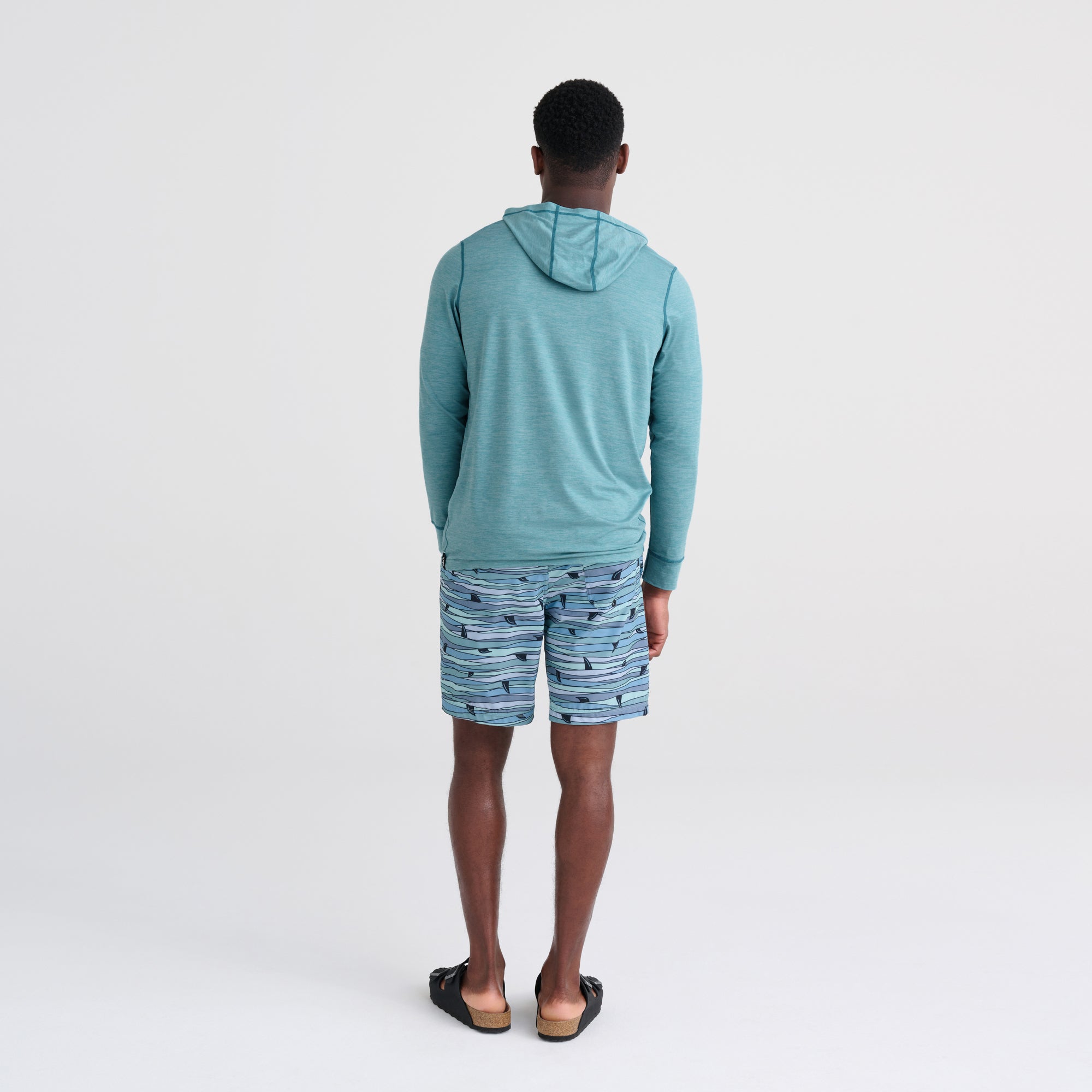 Back - Model wearing DropTemp All Day Cooling Hoodie in Sea Level Heather