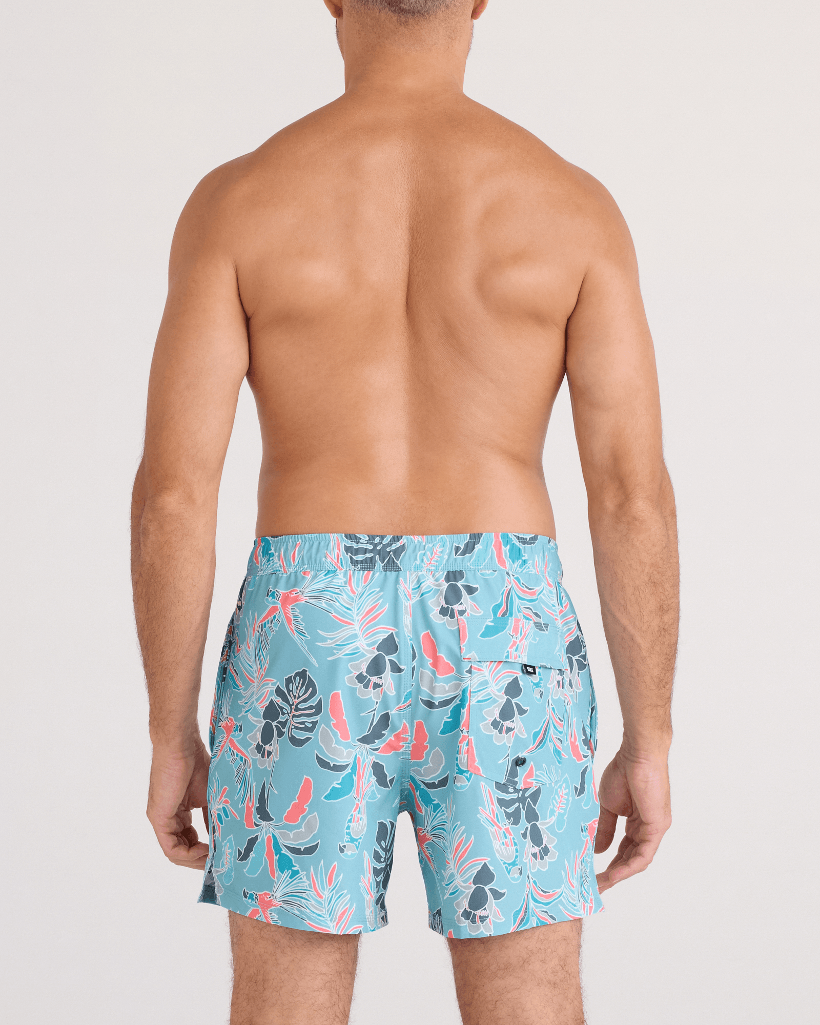 Back - Model wearing  Oh Buoy 2N1 Swim Trunk 5" in Island Tropics-Blue Tide