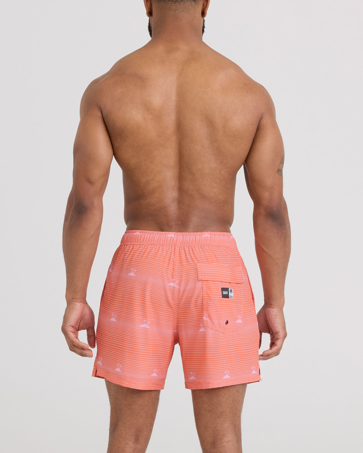 Back - Model wearing Oh Buoy 2N1 Volley 5" in Island Stripe-Canteloupe