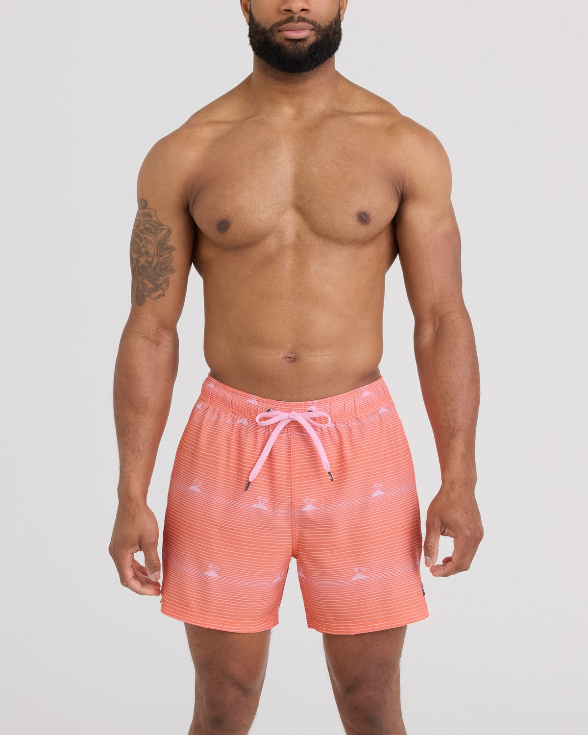 Front - Model wearing Oh Buoy 2N1 Volley 5" in Island Stripe-Canteloupe