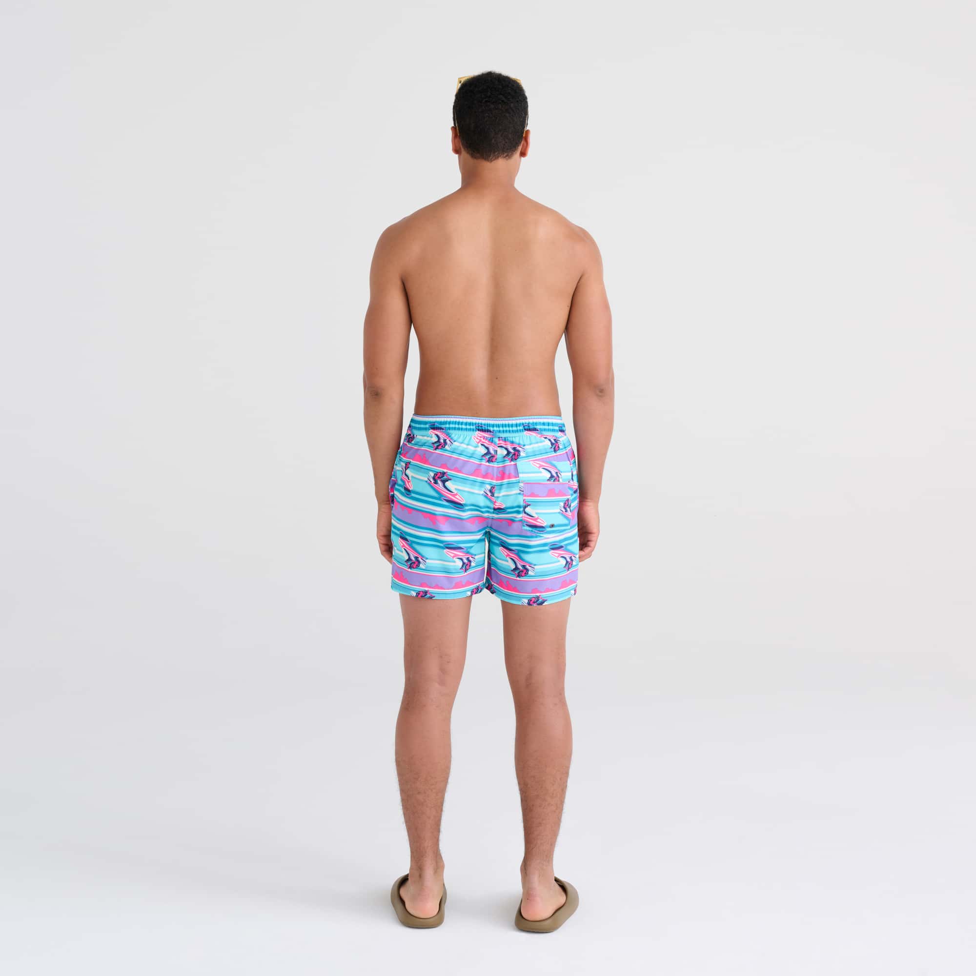 Back - Model wearing Oh Buoy 2N1 Swim Trunk 5" in Jetski Stripe- Pool