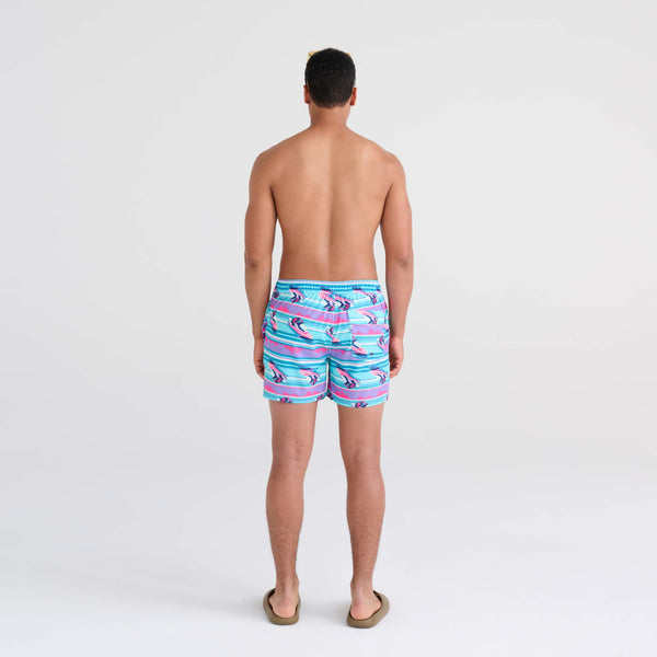 Back - Model wearing Oh Buoy 2N1 Swim Trunk 5" in Jetski Stripe- Pool