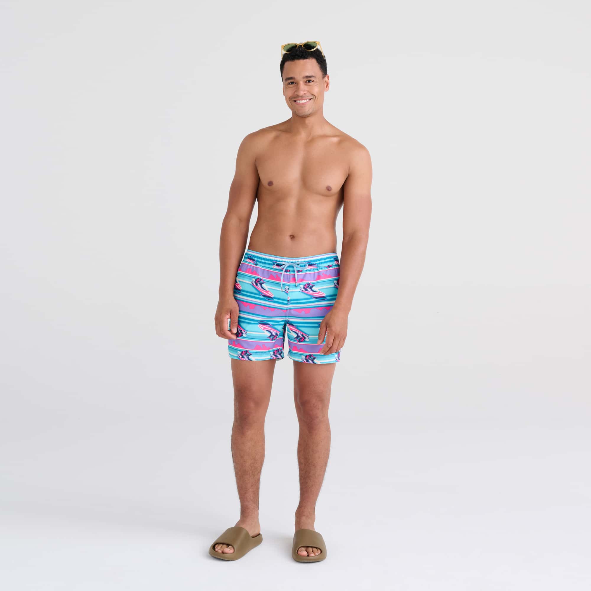 Front - Model wearing Oh Buoy 2N1 Swim Trunk 5" in Jetski Stripe- Pool