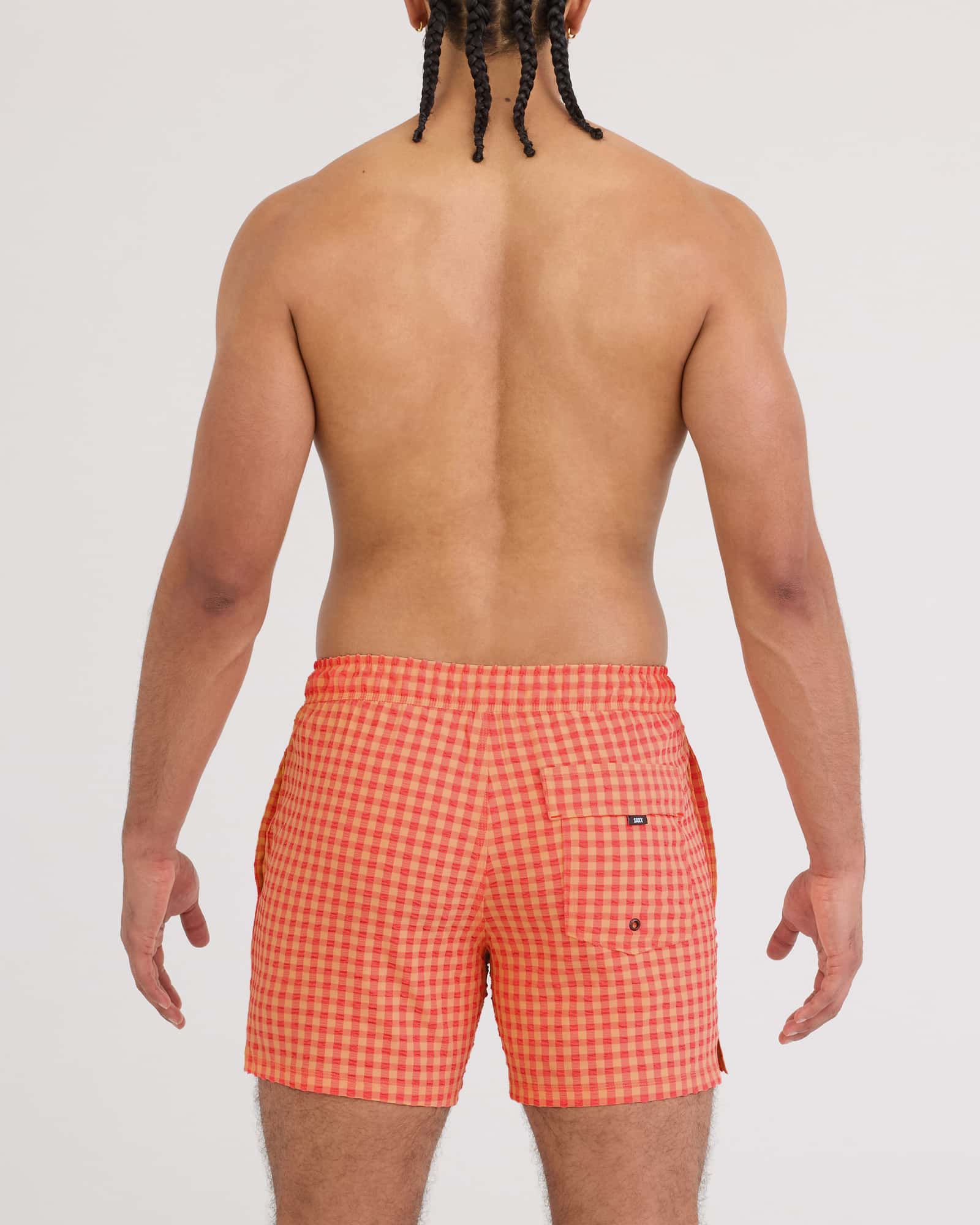 Back - Model wearing Oh Buoy 2N1 Volley 5" in Peach Gingham