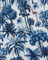 Tropical pattern with blue palm trees and flowers on a white background