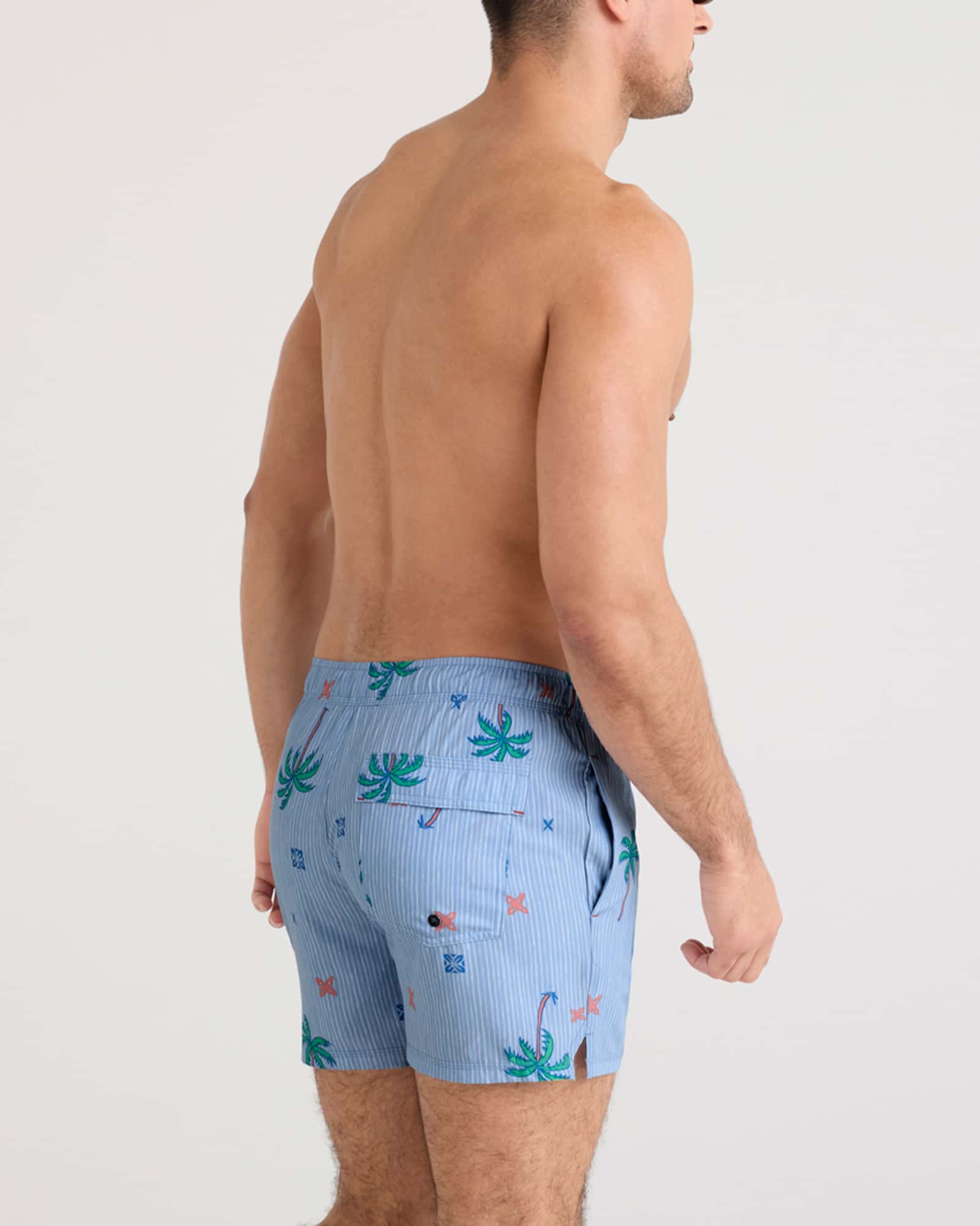 Back - Model wearing Oh Buoy 2N1 Swim Volley 5" in Palmtastic-Bel Air Blue