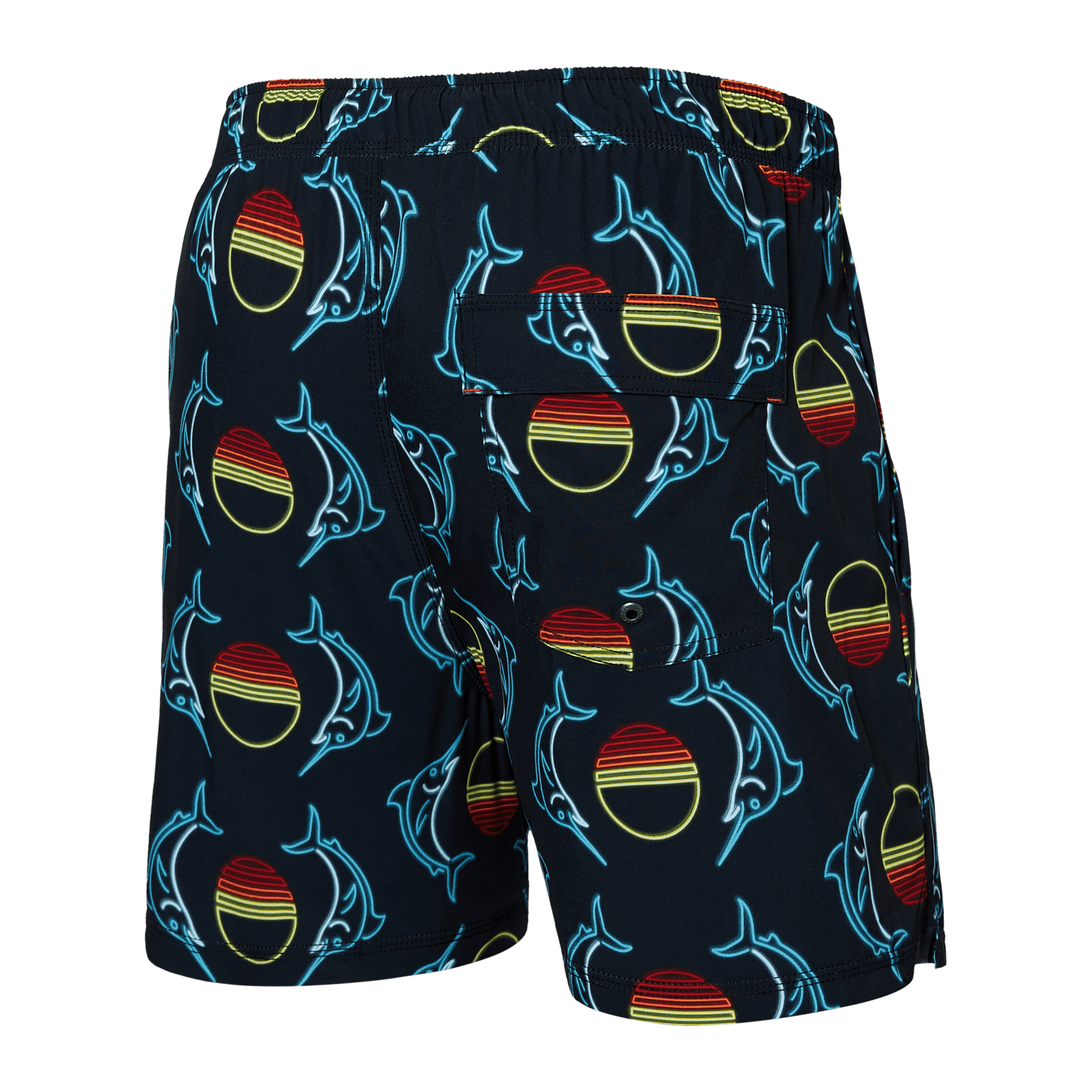 Back of Oh Buoy 2N1 Swim Trunk 5" in Sunset Crest- Black