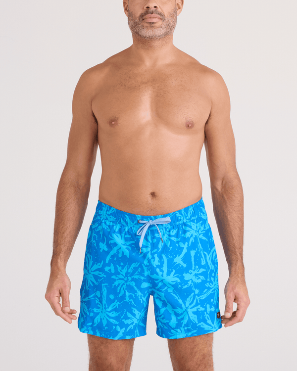 Front - Model wearing  Oh Buoy 2N1 Swim Trunk 5" in Splash Palms-Bold Blue