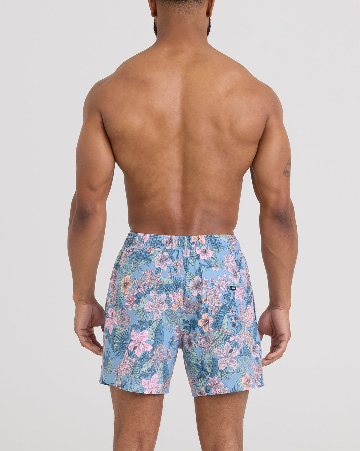 Back - Model wearing Oh Buoy 2N1 Volley 5" in Tropic Burst-Placid Blue