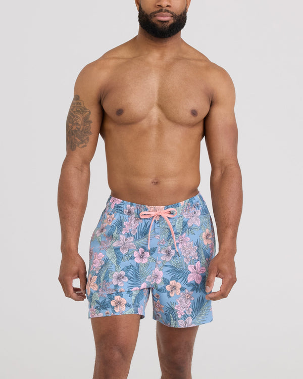 Front - Model wearing Oh Buoy 2N1 Volley 5" in Tropic Burst-Placid Blue