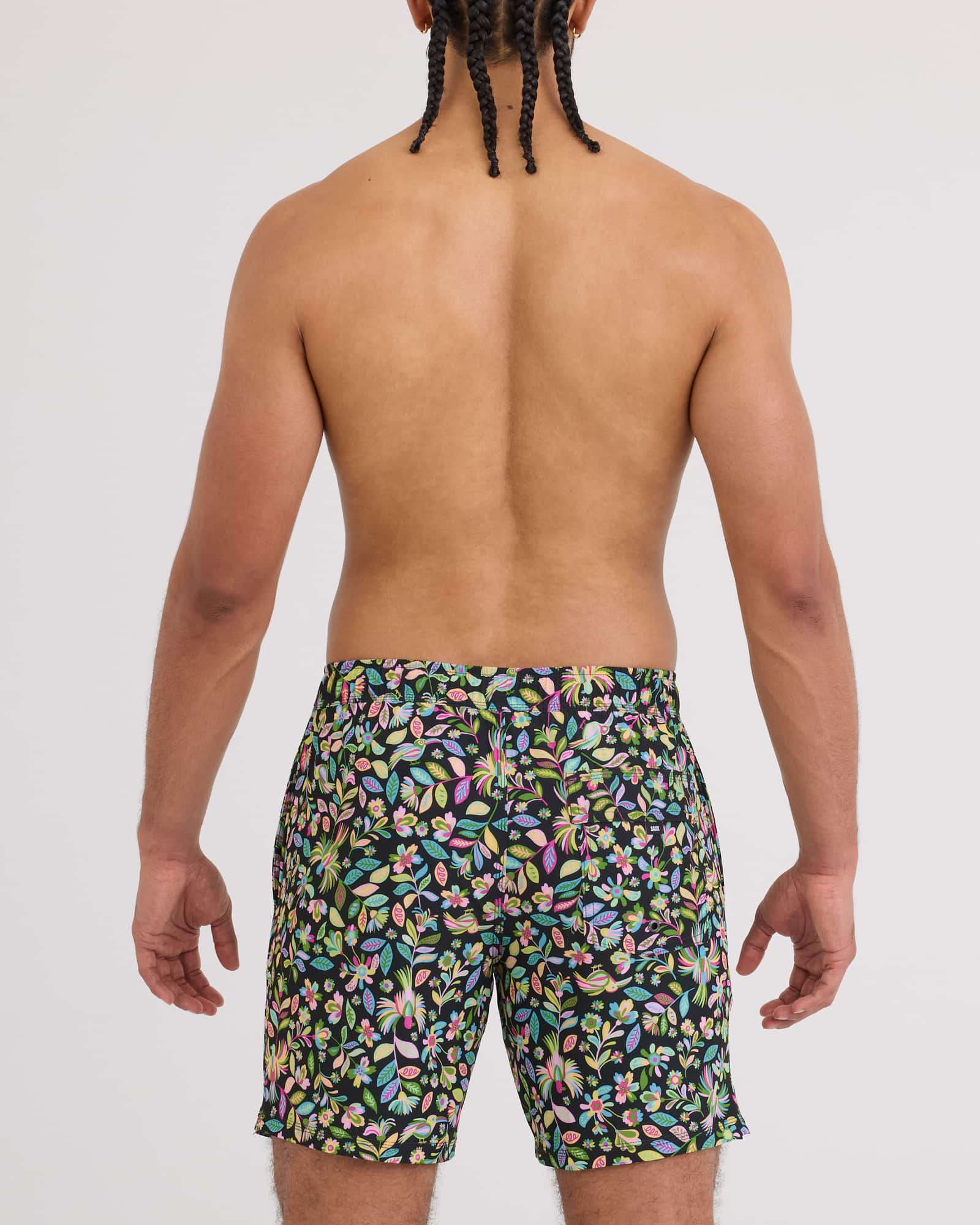 Back - Model wearing Oh Buoy 2N1 Volley 7" in Amate Garden-Black