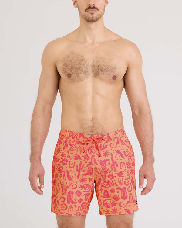 Front - Model wearing Oh Buoy 2N1 Volley 7" in Cactus Beach-Peach Jelly
