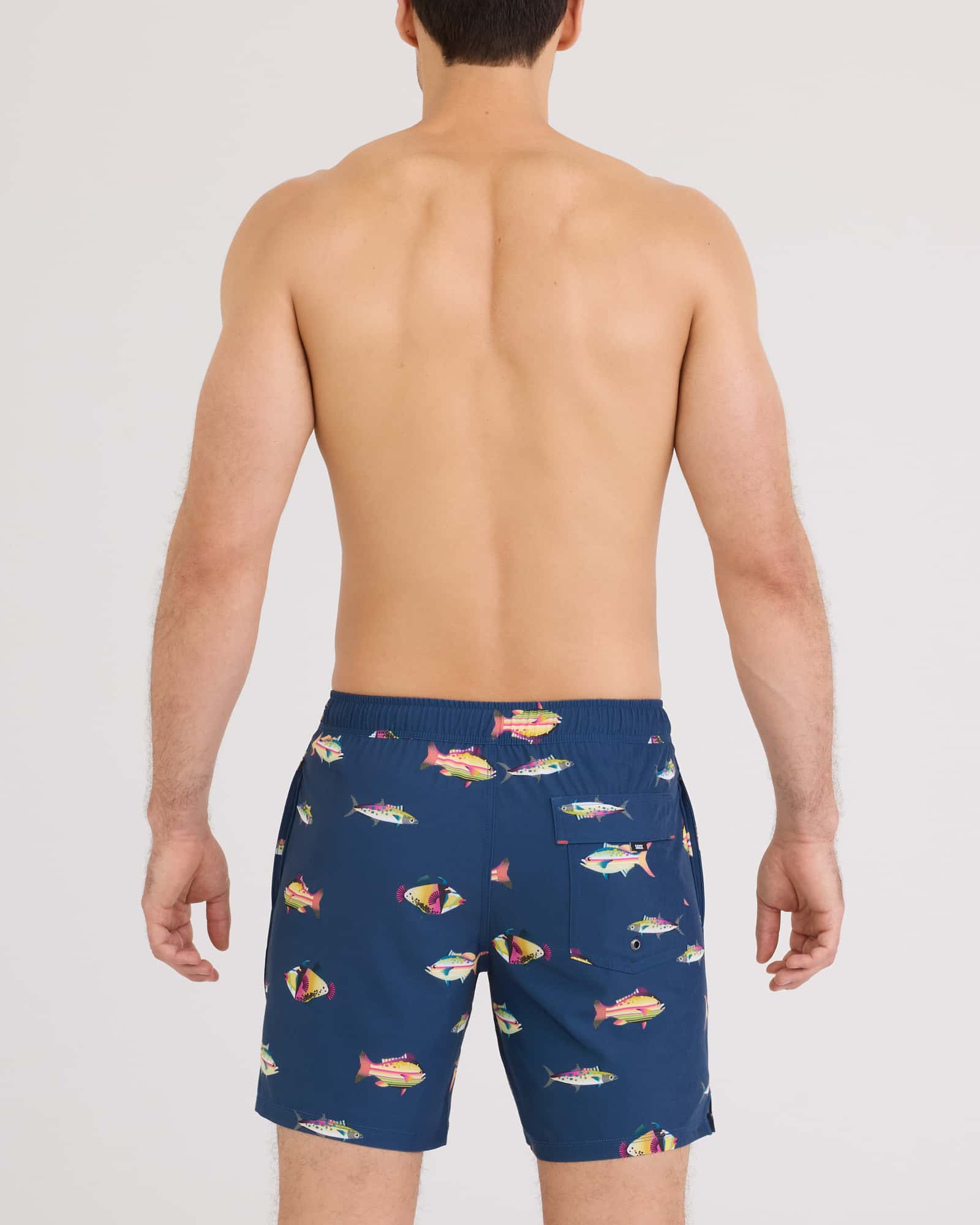 Back - Model wearing Oh Buoy 2N1 Volley 7" in Gulf Fish-Dark Denim