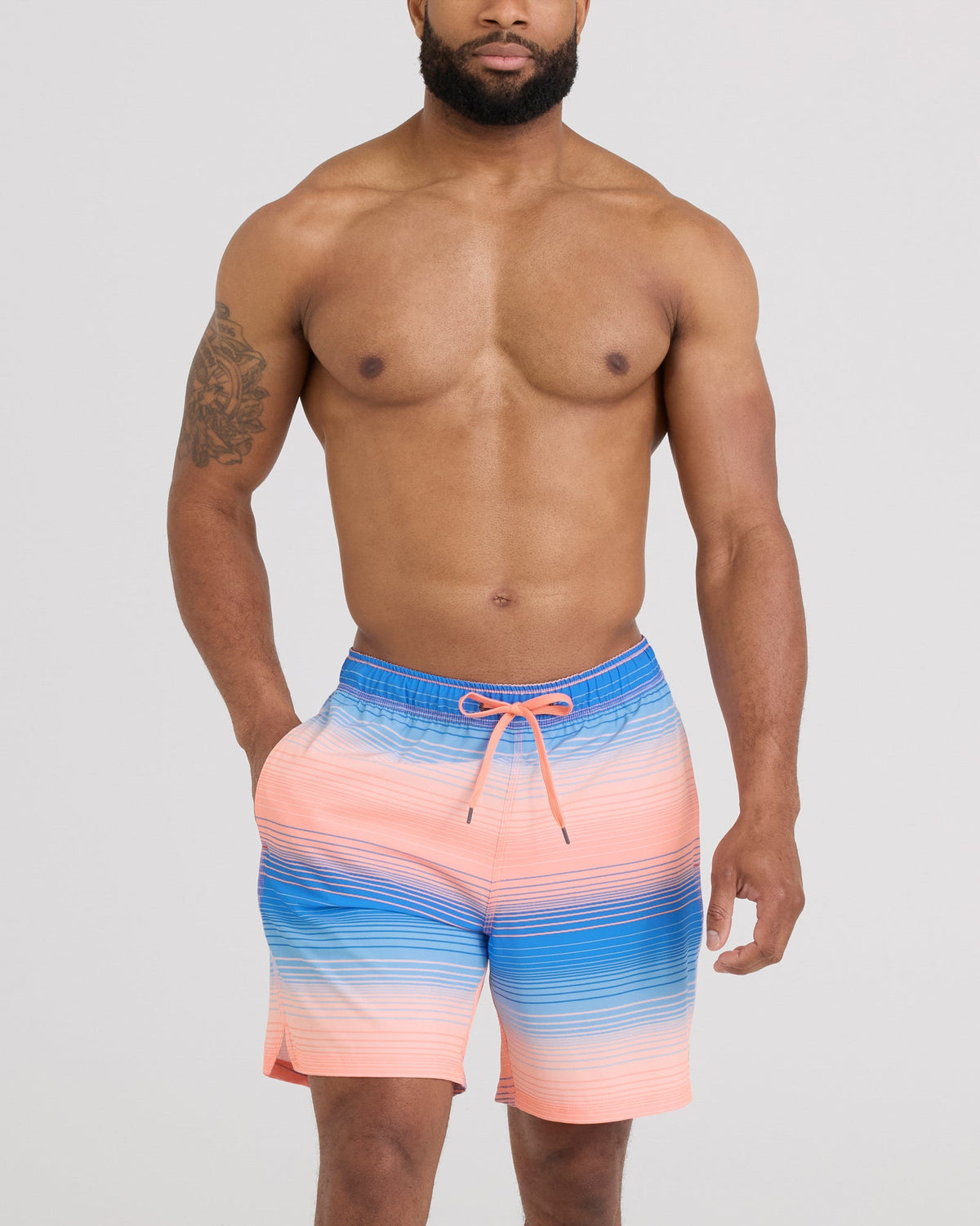 Front - Model wearing Oh Buoy 2N1 Volley 7" in Hazy Stripe-Desert Flower