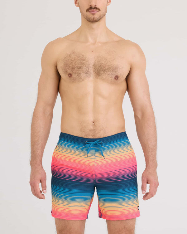 Front - Model wearing Oh Buoy 2N1 Volley 7" in Hazy Stripe-Sunset