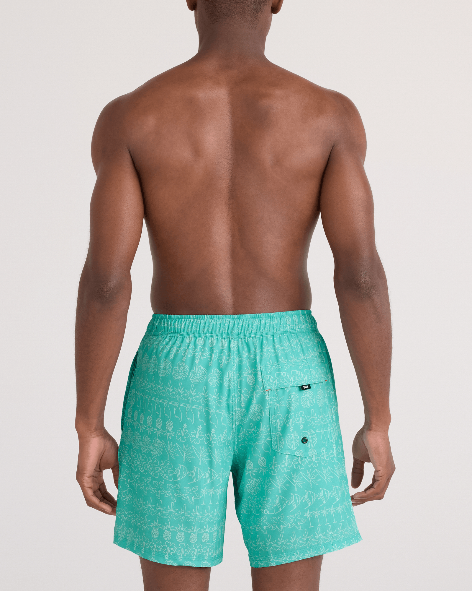 Back - Model wearing  Oh Buoy 2N1 Swim Trunk 7" in Island Lineup-Surf Blue