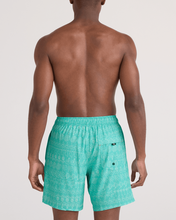 Back - Model wearing  Oh Buoy 2N1 Swim Trunk 7" in Island Lineup-Surf Blue