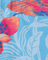 Close-up of a fabric with pink floral pattern on a blue background