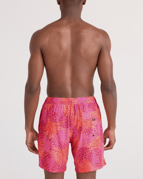 Back - Model wearing  Oh Buoy 2N1 Swim Trunk 7" in Pineapple Patch-Coral