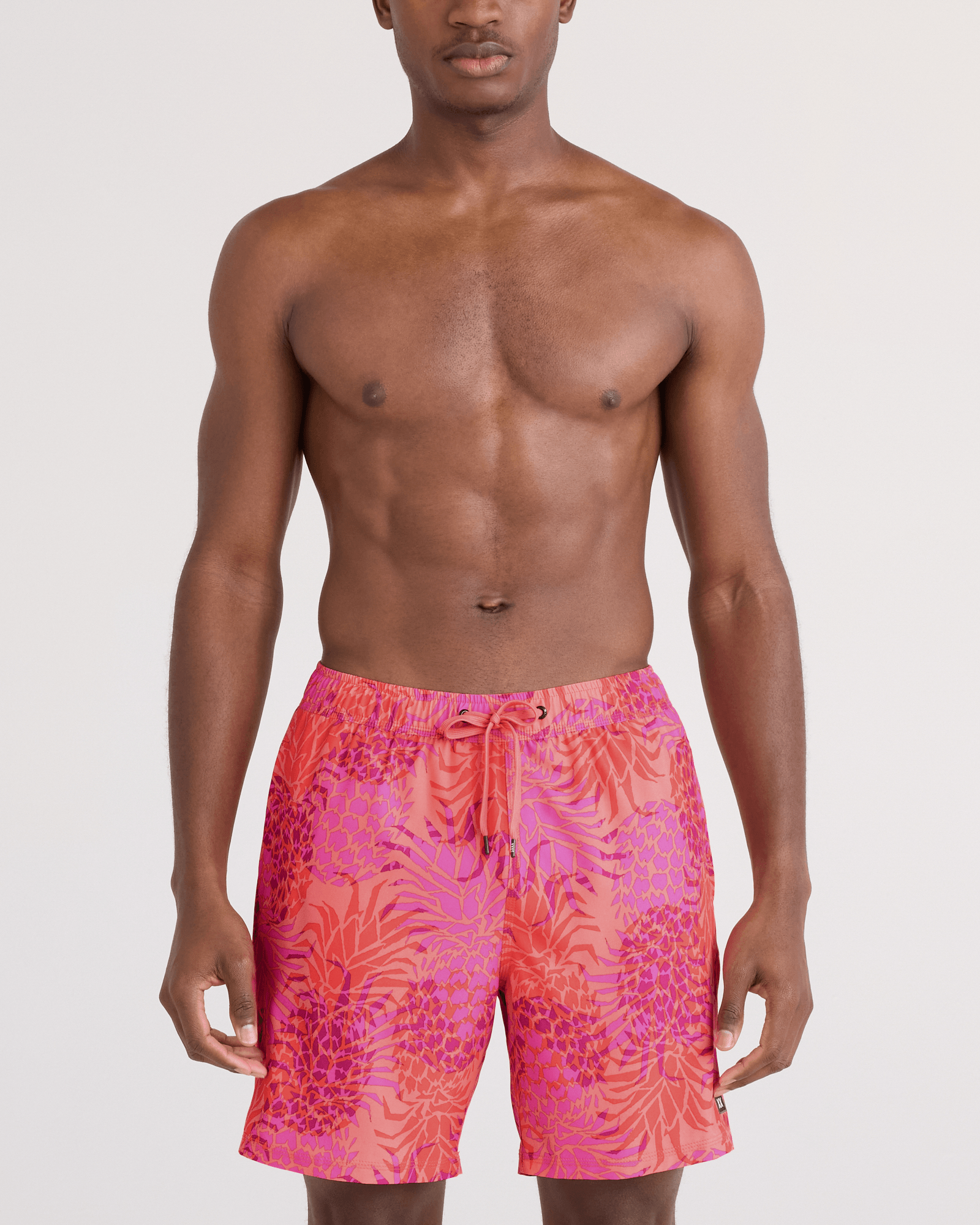 Front - Model wearing  Oh Buoy 2N1 Swim Trunk 7" in Pineapple Patch-Coral