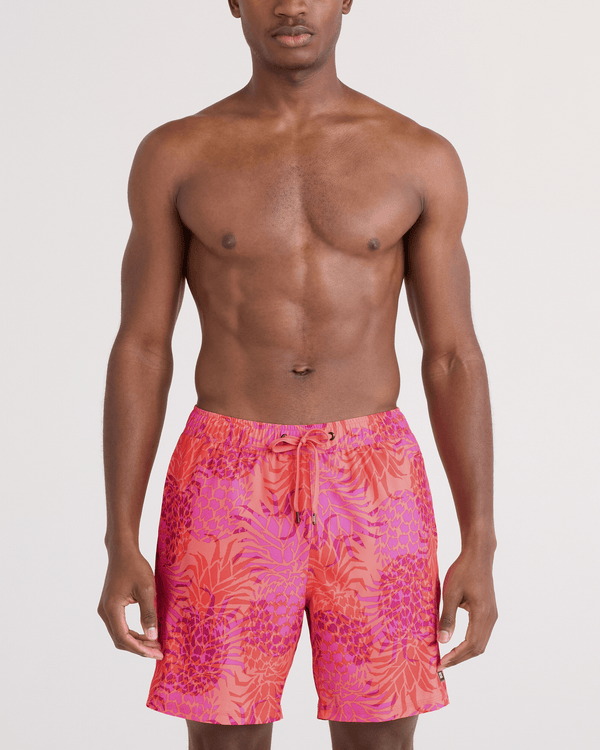 Front - Model wearing  Oh Buoy 2N1 Swim Trunk 7" in Pineapple Patch-Coral