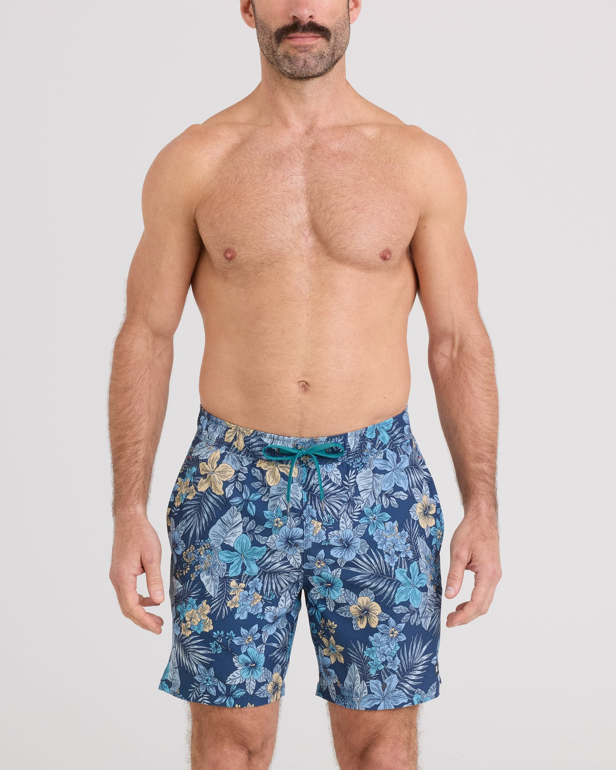 Front - Model wearing Oh Buoy 2N1 Volley 7" in Tropic Burst-Dark Denim