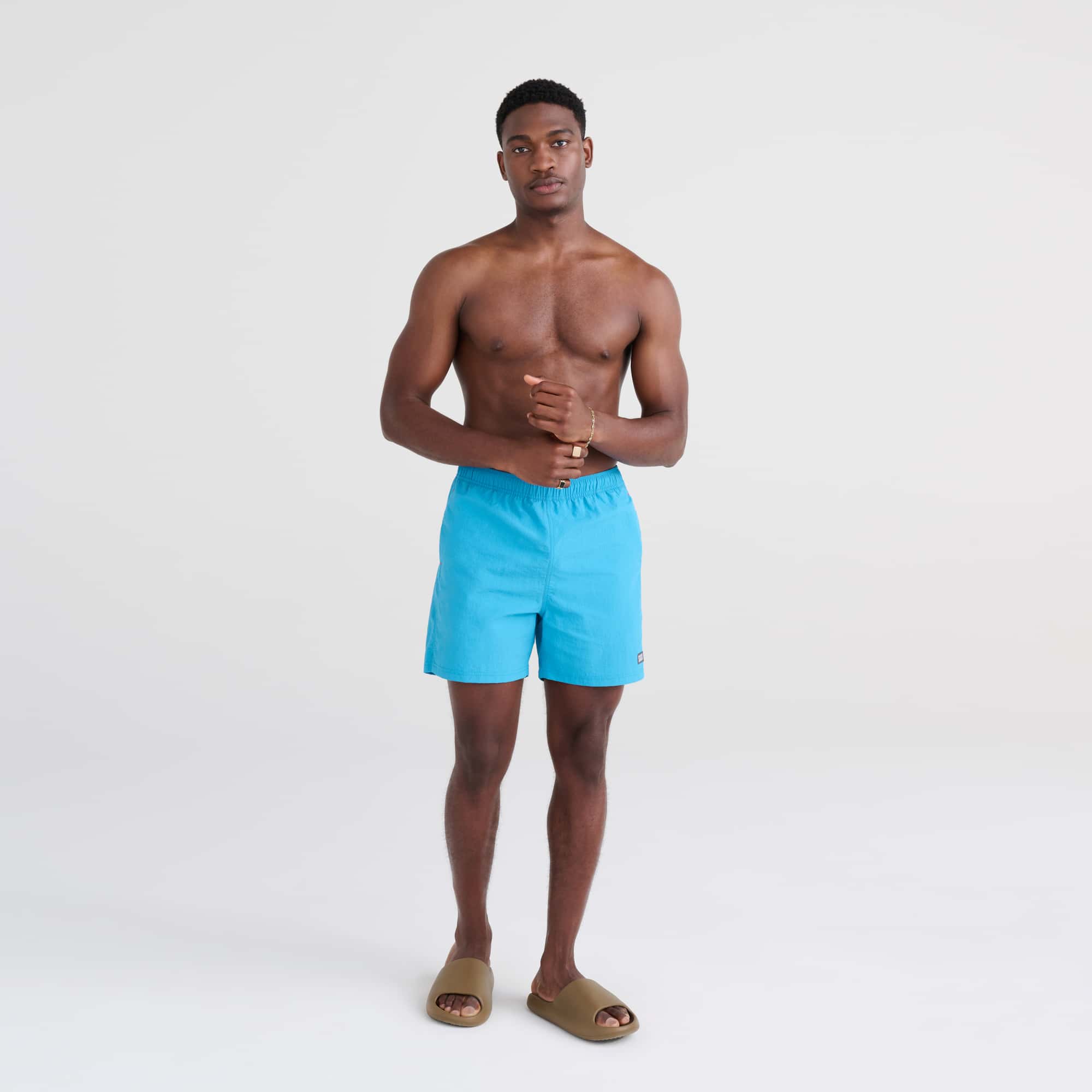 Front - Model wearing Go Coastal 2N1 Swim Volley 5" Inseam in Bluejay