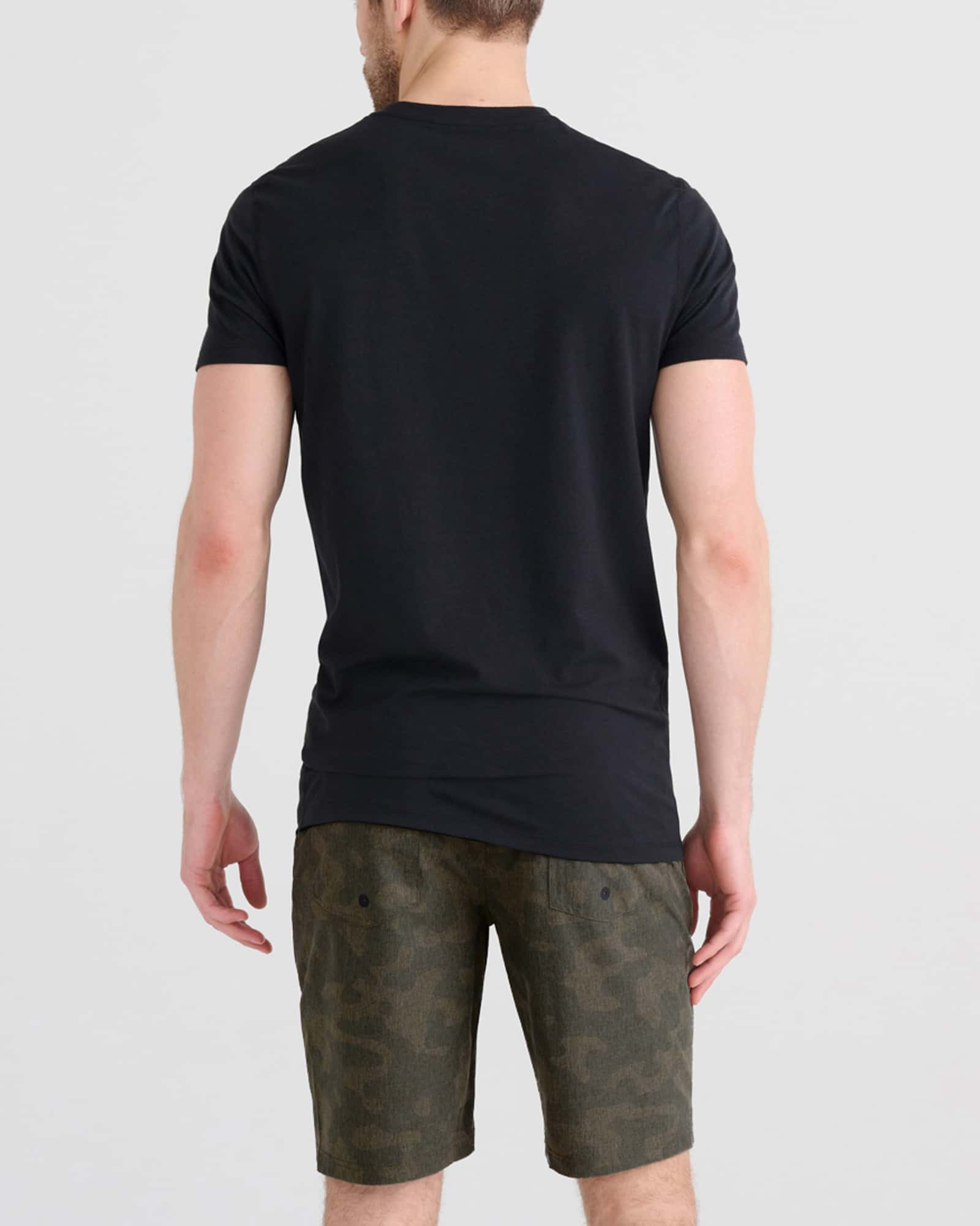 Back - Model wearing Land To Sand 2N1 Short in Quicksand Camo- Green Heather