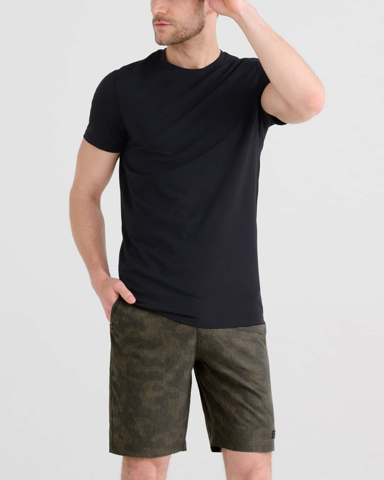 Front - Model wearing Land To Sand 2N1 Short in Quicksand Camo- Green Heather