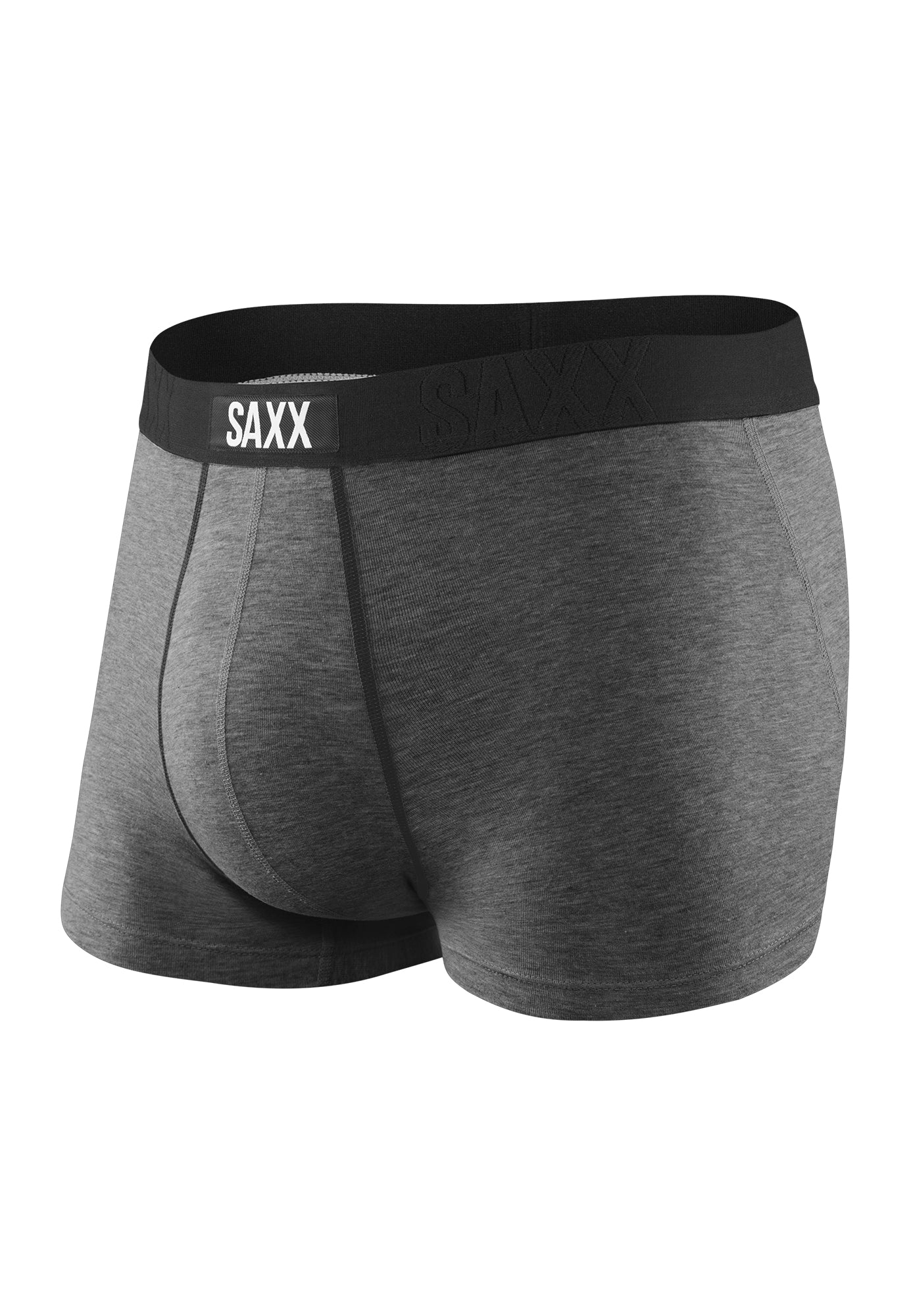 Gray boxer briefs with black waistband featuring 'SAXX' branding on a white background.