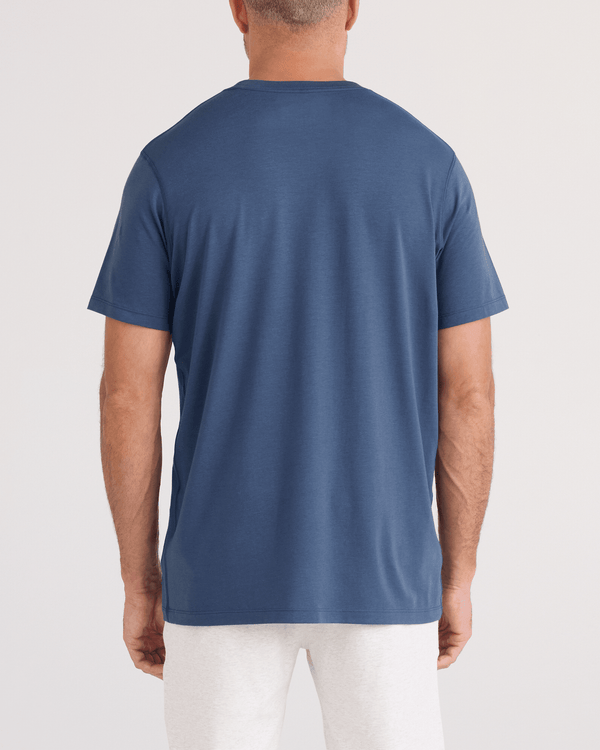 Back - Model wearing  DropTemp Cooling Cotton Tee in Washed Indigo