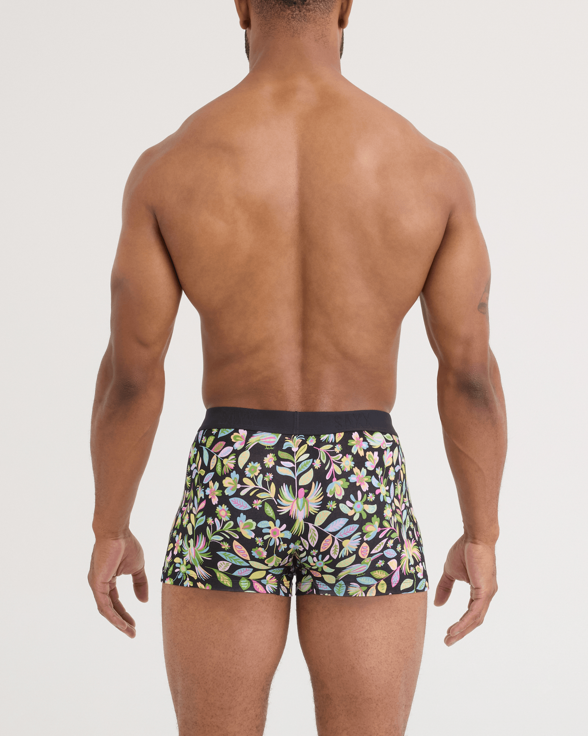 Back - Model wearing Vibe Xtra Soft Comfort Trunk Fly in Amate Garden- Black