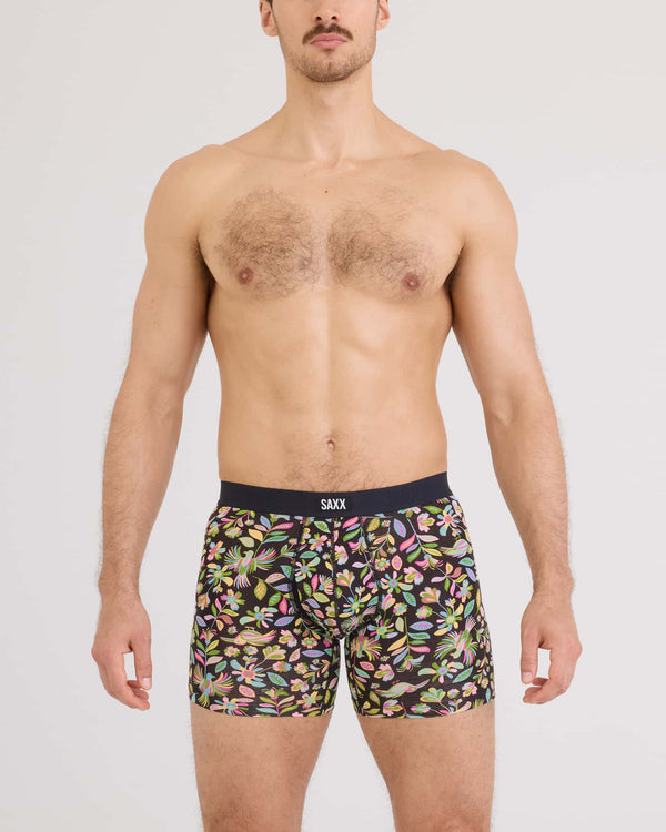 Front - Model wearing Vibe Xtra Soft Comfort Boxer Brief Fly in Amate Garden-Black