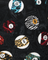 Pattern of billiard balls with various designs and numbers on a black background