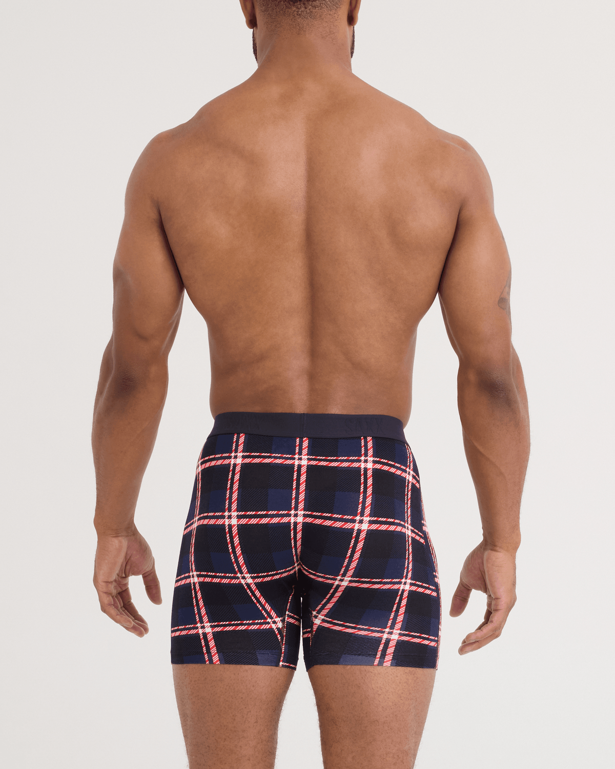 Back - Model wearing Vibe Xtra Soft Comfort Boxer Brief 2 Pack in Confection Plaid/Black