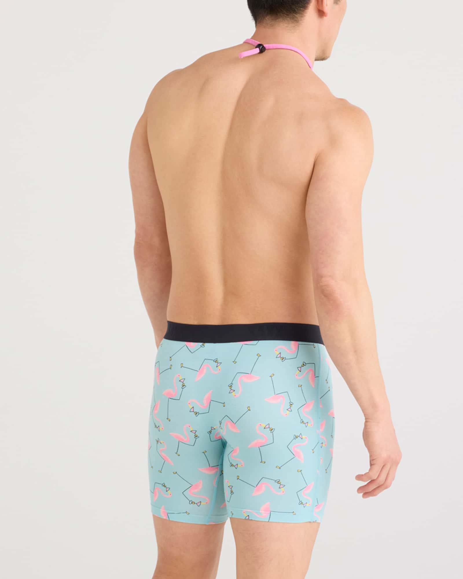 Back - Model wearing Vibe Xtra Boxer Brief in Drinko Flamingo-Dark Aqua