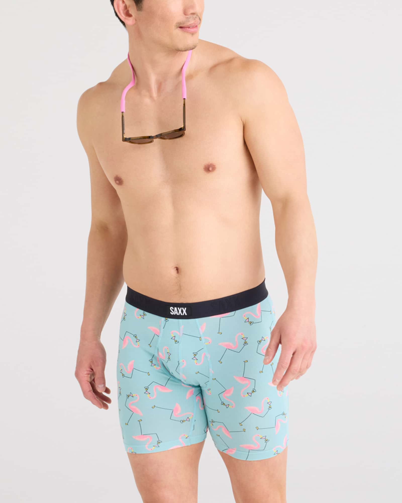 Front - Model wearing Vibe Xtra Boxer Brief in Drinko Flamingo-Dark Aqua