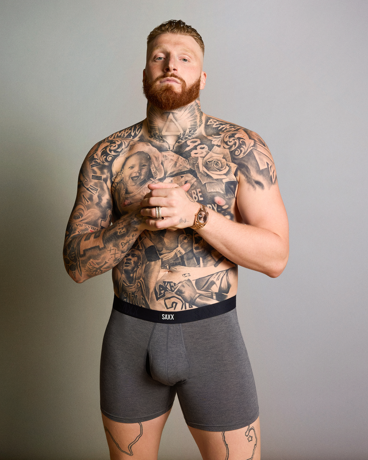 Maxx Crosby wearing SAXX Vibe Xtra Boxer Brief in Dark Grey Heather
