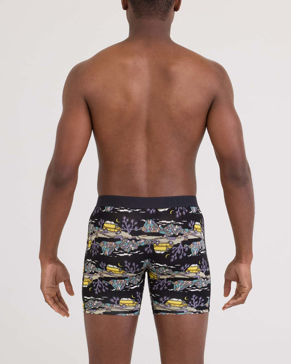 Back - Model wearing Vibe Xtra Soft Comfort Boxer Brief Fly in Escape To Joshua-Black