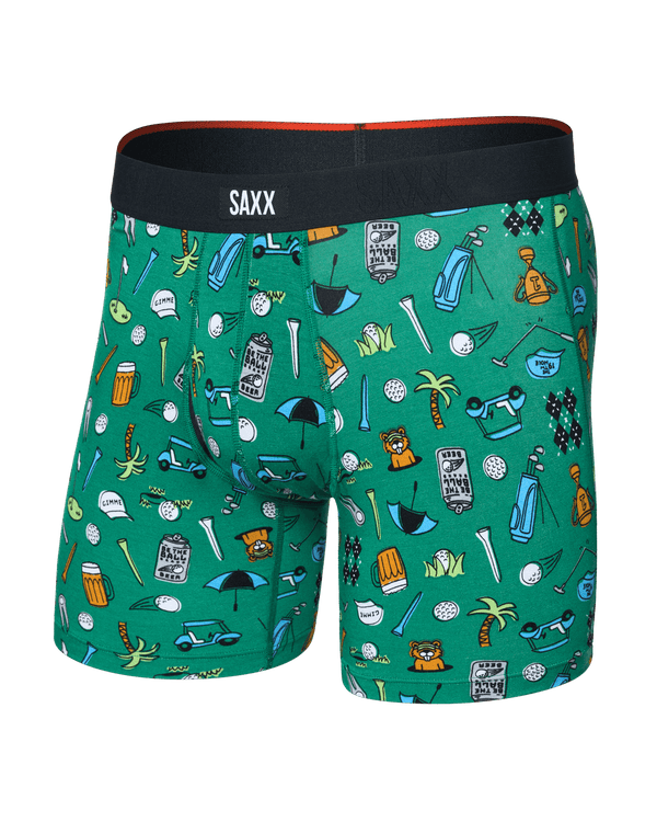 Front of  Vibe Xtra Soft Comfort Boxer Brief Fly in Fairway Bits-Green
