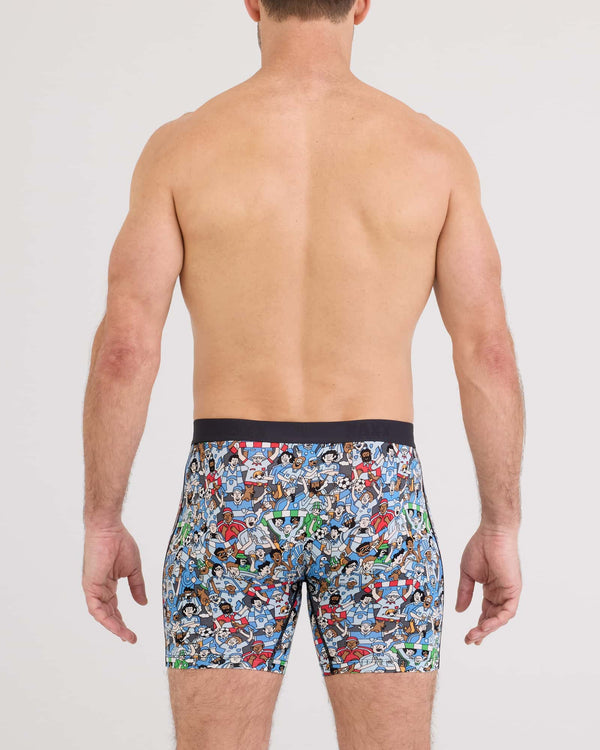 Back - Model wearing Vibe Xtra Soft Comfort Boxer Brief Fly in Footy Fans-Multi