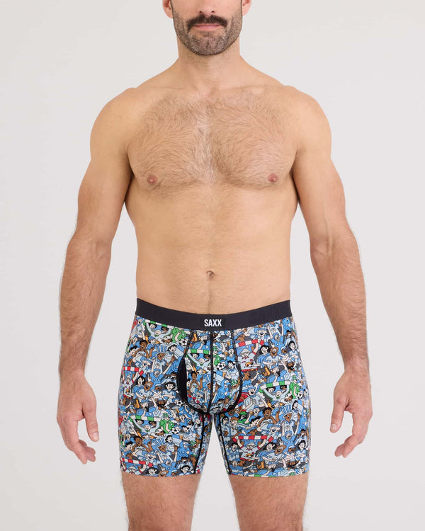 Front - Model wearing Vibe Xtra Soft Comfort Boxer Brief Fly in Footy Fans-Multi