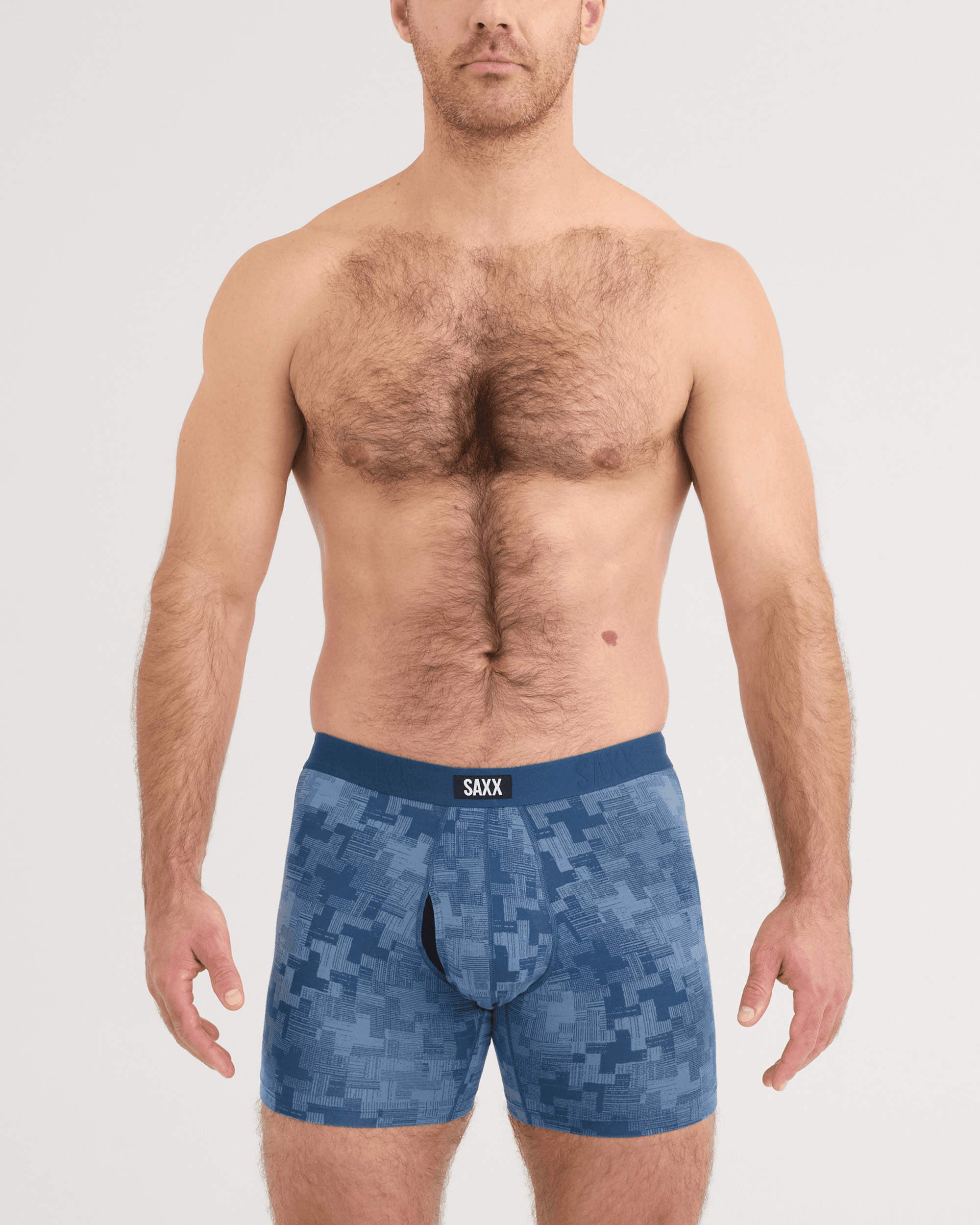 Front - Model wearing Vibe Xtra Soft Comfort Boxer Brief 2 Pack in Frenetic Tweed/Maritime