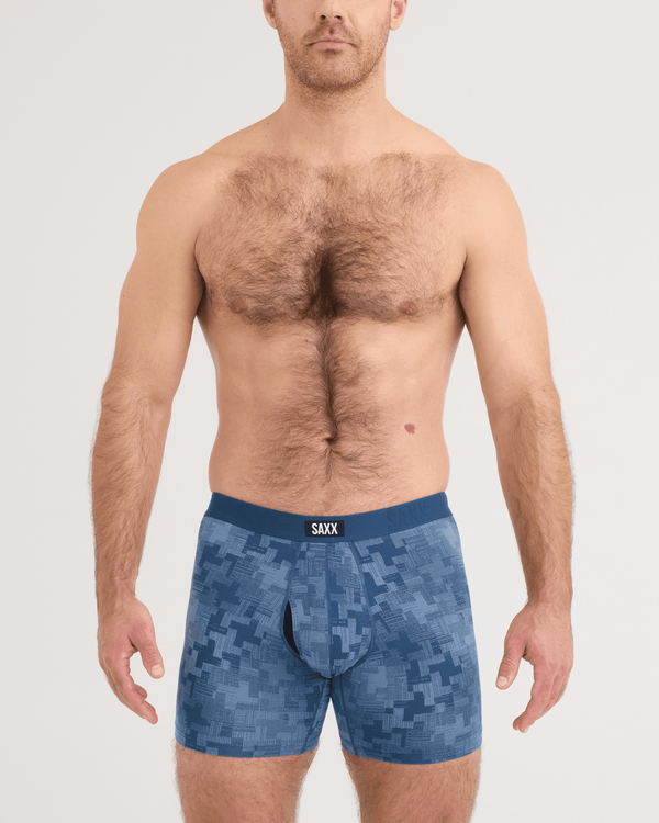 Front - Model wearing Vibe Xtra Soft Comfort Boxer Brief 2 Pack in Frenetic Tweed/Maritime