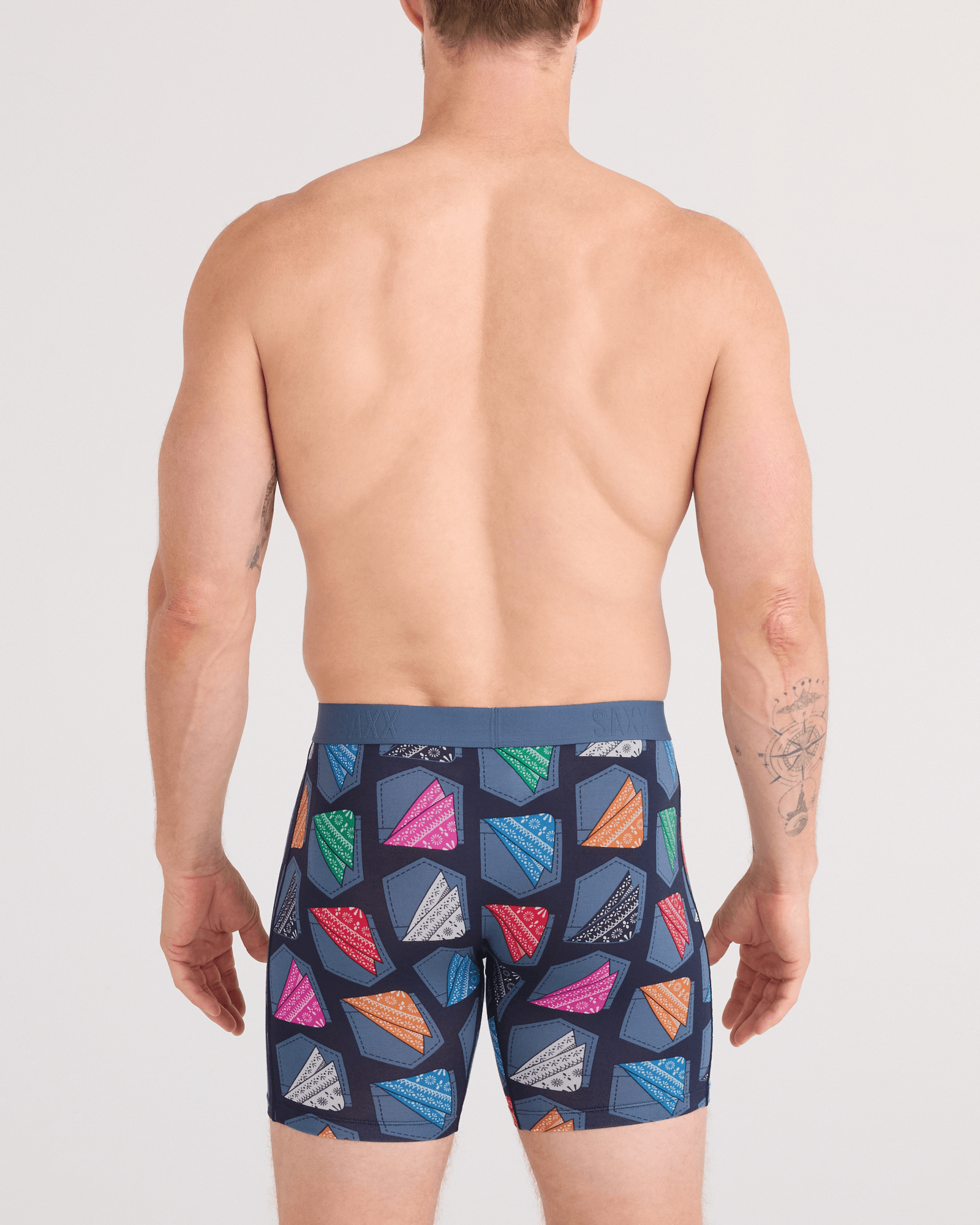 Back - Model wearing  Vibe Xtra Soft Comfort Boxer Brief Fly in Hankerchief-India Ink
