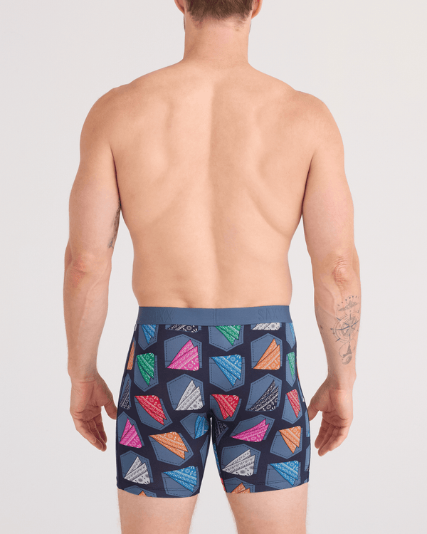 Back - Model wearing  Vibe Xtra Soft Comfort Boxer Brief Fly in Hankerchief-India Ink